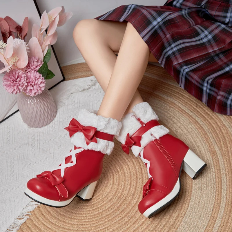 Winter High Heels Lolita Ankle Boots Artificial Fur Waterproof Platform Thick Bottom Cute Bow Red Pink Black Womens Shoes Size 34-43 241126
