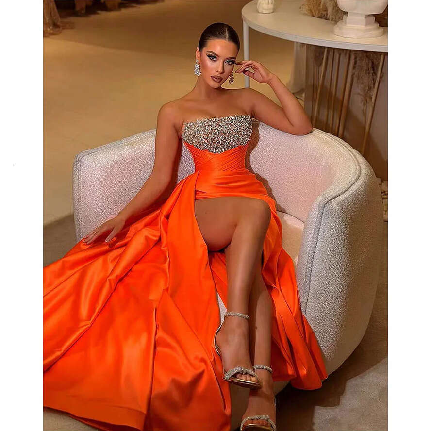 Evening Orange Beaded Strapless Stain Pleat Side Split Sleeveless Prom Dress Vestidos De Gala