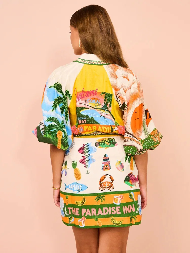 Vintage Printed Lantern Sleeve Women Short Dress Casual Elegant Neck Mini Dresses Party Prom Beach Holiday 2024 240411