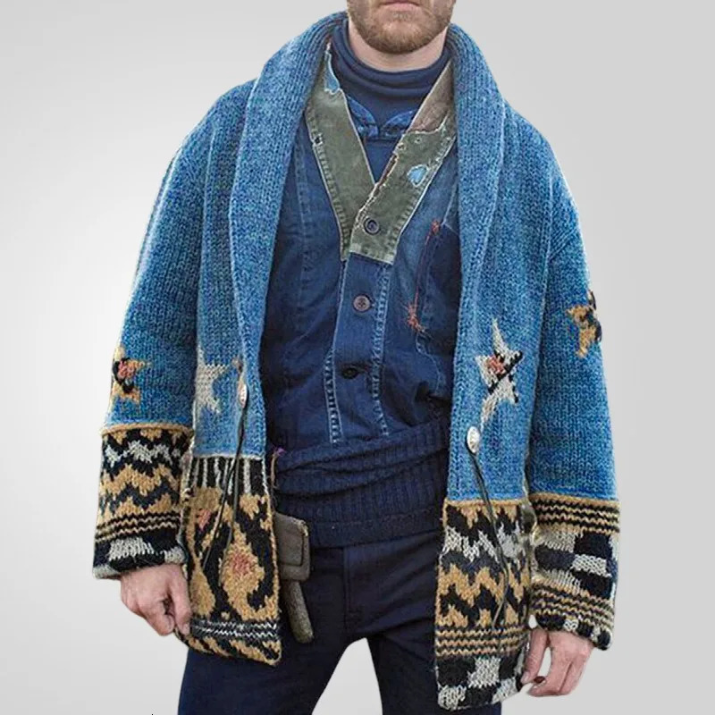 Mens autumn and winter jacquard knit mid length lapel cardigan sweater jacket business and leisure printed cardigan mens style 241126