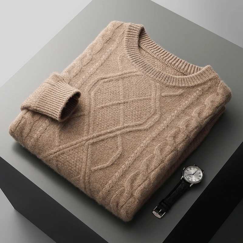 Winter New Mens 100% Wool Cashmere Sweater Thick Zipper O-Collar Jacquard Solid Bottom Sweater Warm Plus Knitted Jacket Top X241126