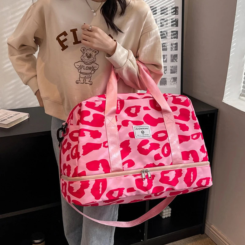 Large Capacity Travel Bag Wet and Dry Shoulder Luggage Handbag Leisure Sports Fitness Bag Leopard Print Womens Travel Backpack 241114