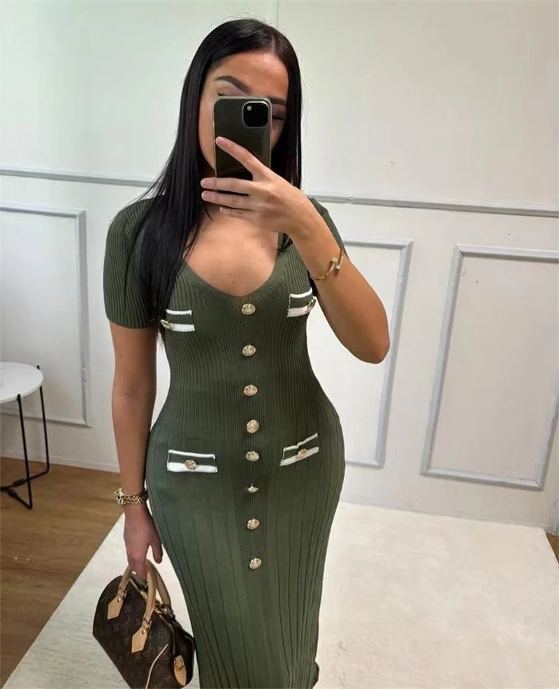 Office ladies elegant knitted long skirt summer short sleeved V-neck single chest tight dress womens party fashion vest 241125