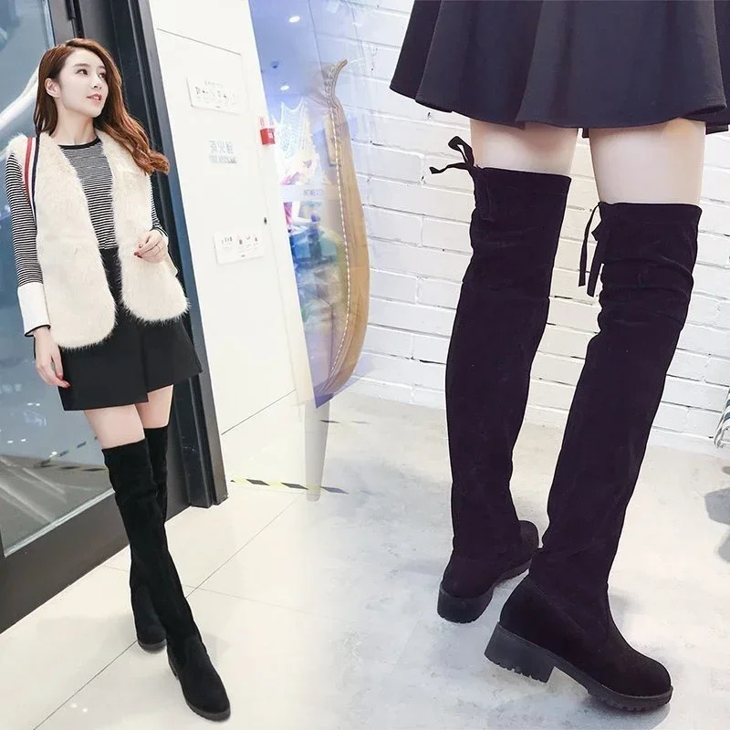 Autumn Faux Suede Women Heels Zipper Elastic Knee High Boots Women Tube Lace-up Thigh Gigh Boots Black Botas Mujer Female 241114