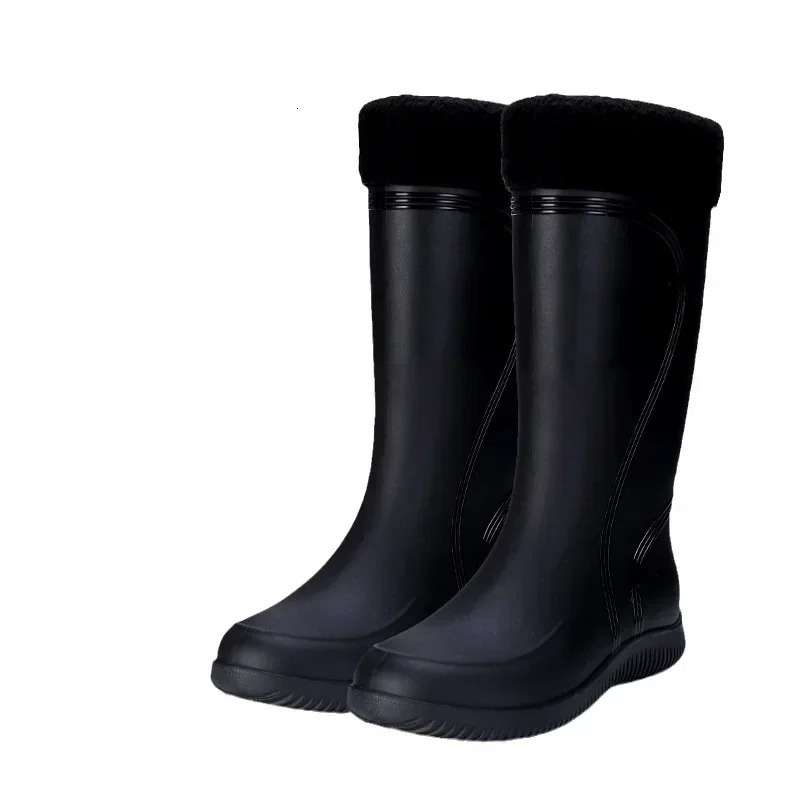 Mens rain boots long tube waterproof shoes anti slip safety work shoes black platform cotton high top jacket 241126