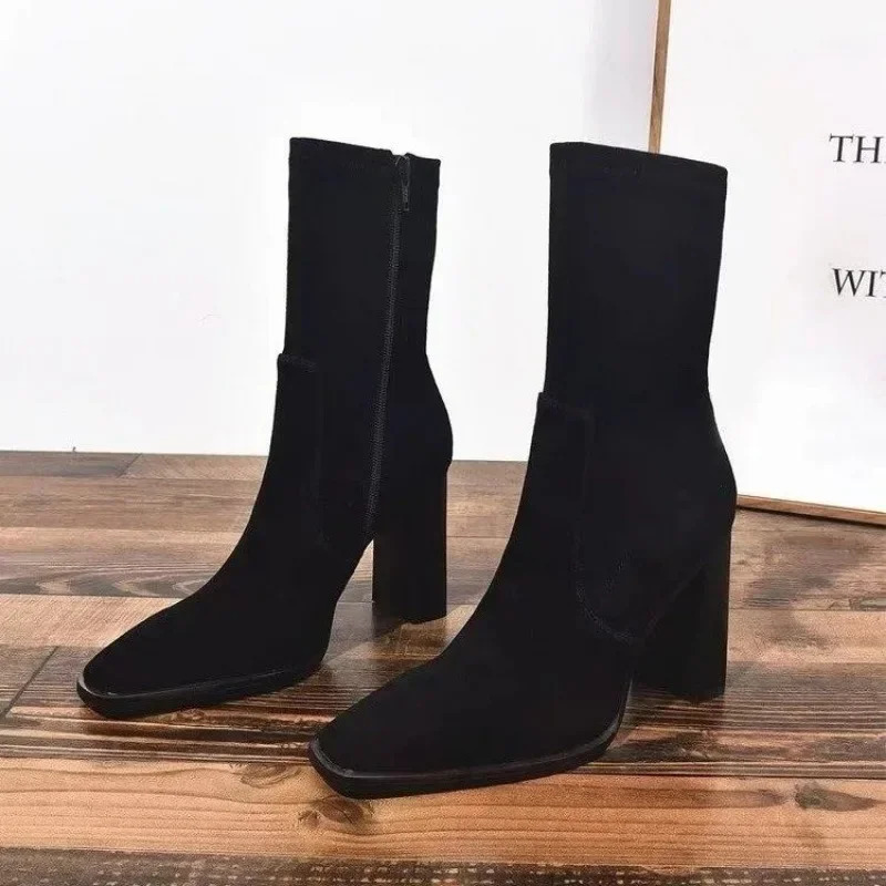 Ladies Shoes Side Zipper Womens Boots Winter Square Toe Solid Short Barrel Chunky Heel Fashion Boots Zapatos 241114