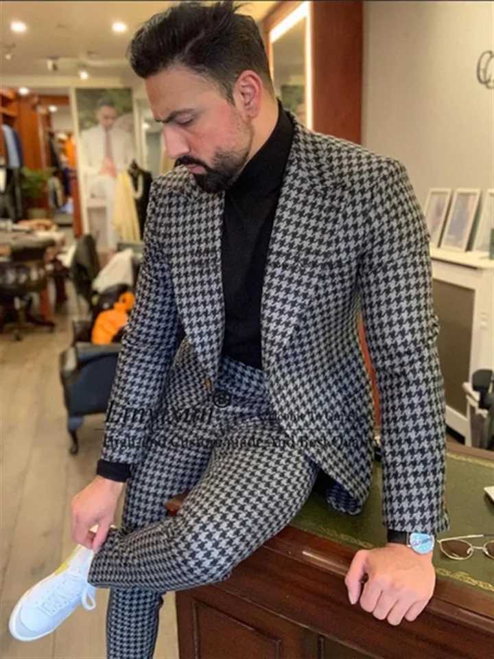 2-piece Houndstooth mens set casual business slim fit jacket mens winter dance beauty set tailcoat set Terno Masculino jacket+pants X241126