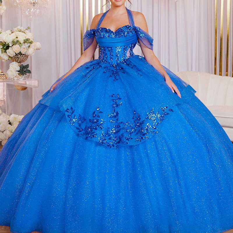 Royal Blue Shiny Quinceanera Dresses Off Shoulder Vestidos De 15 Anos Sequin Applique Beads Bow Tull Formal Birthday Party Sweet 16 Dress