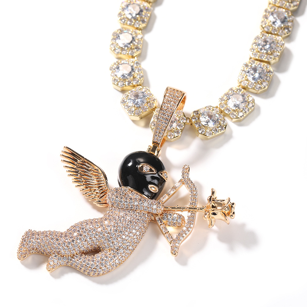 Hip Hop Rose Cupid's Arrow Pendant Necklace 5A Zircon Choker Couple Jewelry Valentine's Day Gift