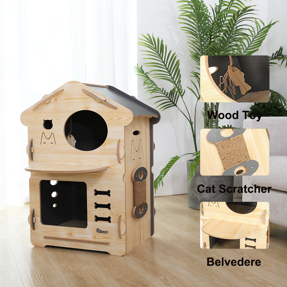 OEM Custom Hoopet Wooden Pet Furniture Assemble Cat Tree Cave Lounge House
