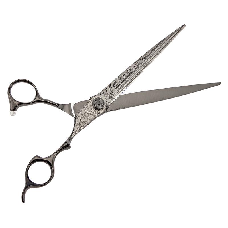7.5 inch gold/black color Damascus Veterinary Animal Shaped Scissors Pet Grooming Scissors Pet Rotating handle swivel thumb