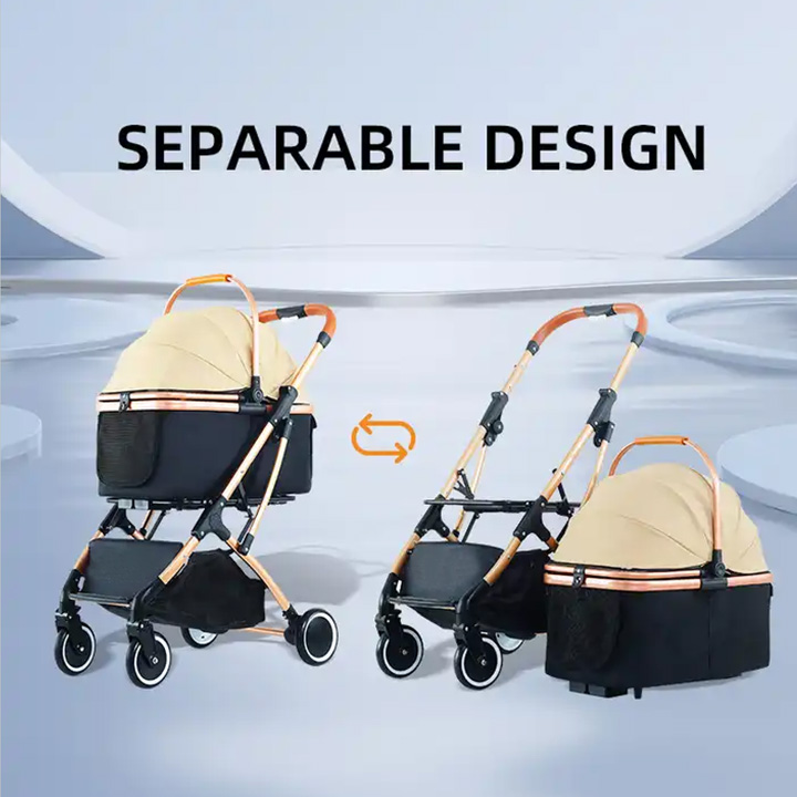 Customized Luxury 4 Wheels Pet Aluminium Stroller Dog Detach Stroller With Storage Basket Foldable Lightweight Carrier Trolley
