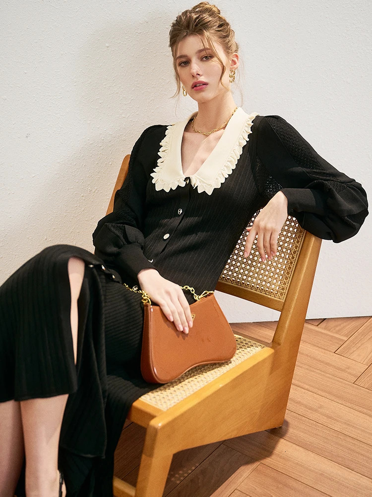 Vintage Knitted Long Sleeve Dress from Korea Elegant Autumn/Winter Sweet Peter Pan Collar A-line Womens Button Black Midi Dress Fashionable 241125