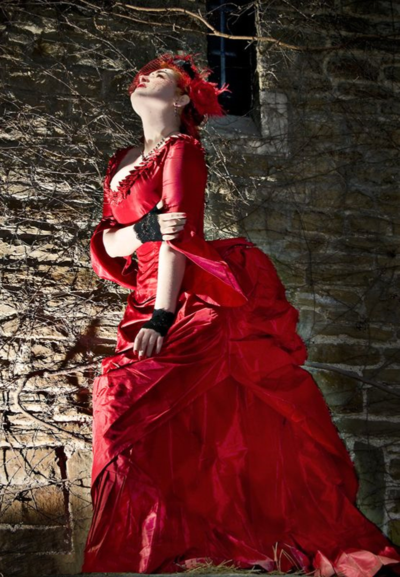 Vintage Victorian Bustle Prom Dresses V-Neck Ruched Red Satin Special Occasion Gown Long Sleeves Medieval Masquerade Dress For Women 2024 Evening Form