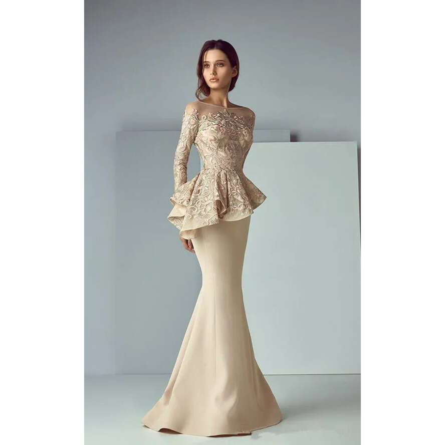 Champagne Lace Long Sleeves Mermaid Evening Arabic Sheer Mesh Top Satin Peplum Or Length Formal Party Prom Dresses Ba8170