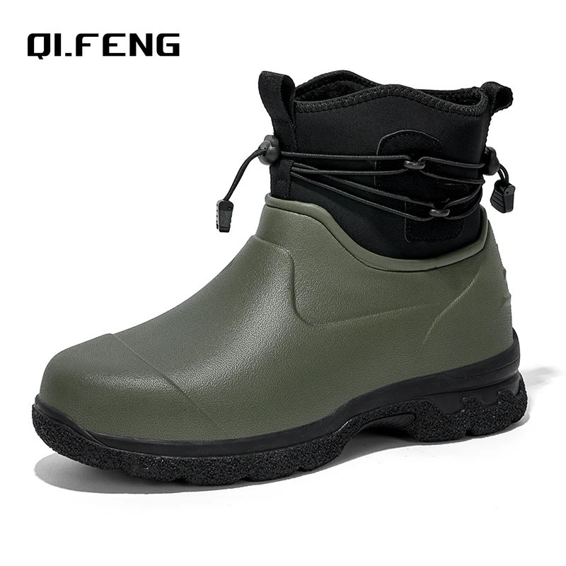 Mens rain boots leather soles high anti water ski shoes outdoor mountain plush warm work boots safety boots 241126