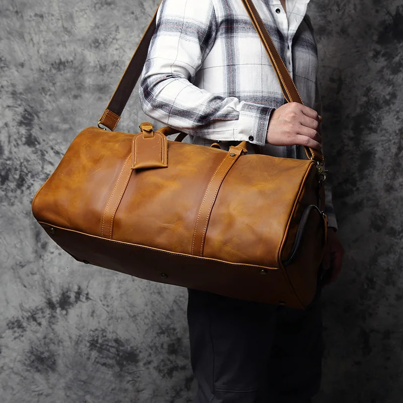 NZPJ mens vintage leather travel bag one layer denim large capacity travel bag business travel handbag shoulder messenger bag 241125