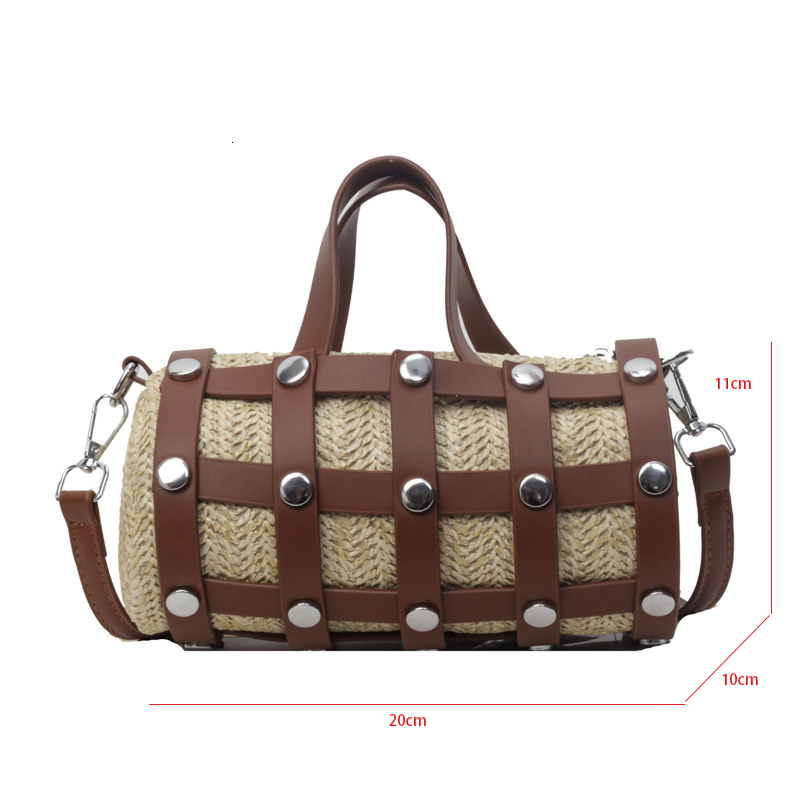 Retro Rivet Women's Cross Woven Bag Bohemian Hollow Straw Designer Handbag Women's Girl Single Shoulder Crossbody Bag Mobile Wallet Small Ro