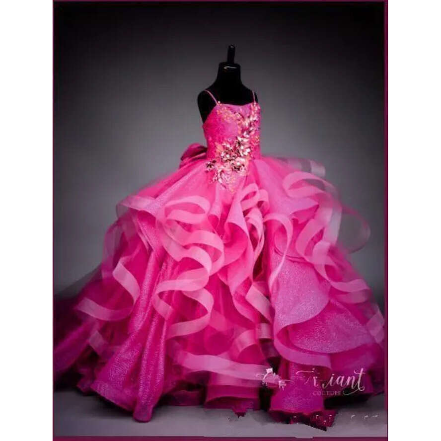 Fuia Spaghetti Straps Tulle Ball Wer Dresses Crystal Beaded Tiered Ruffles Girl Formal Party Birthday Pageant Gown Bc2871