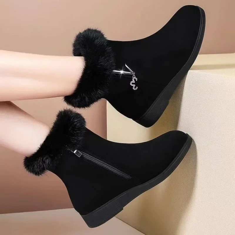 Womens ankle boots 2024 snow boots winter thick cotton shoes flat bottom plush zipper warm and comfortable anti slip cotton boots 241126