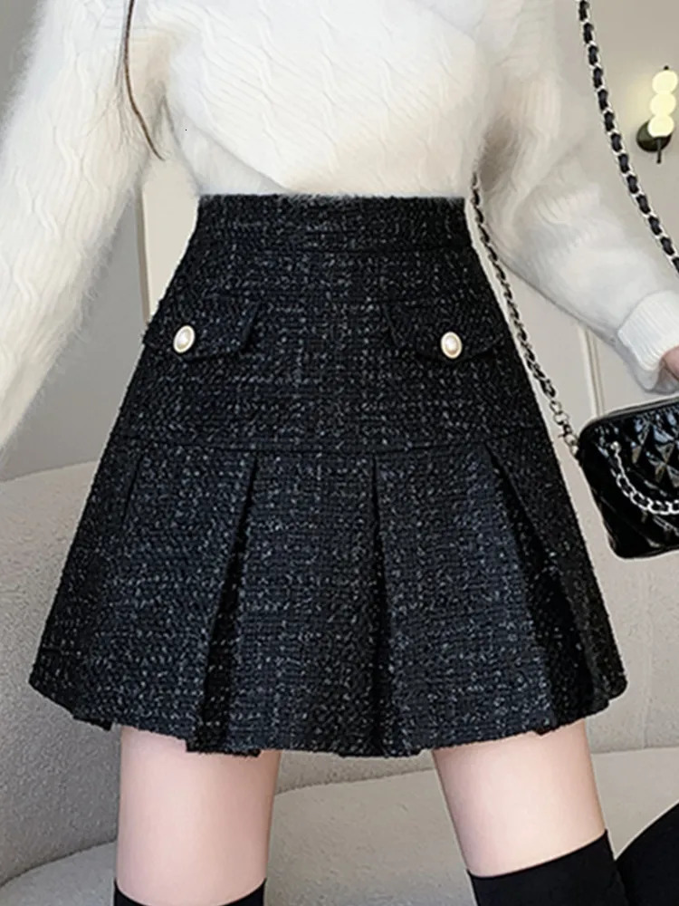 HMA autumn and winter fashion coarse woolen short skirt womens version A-Line high waisted wool pleated skiing 241125
