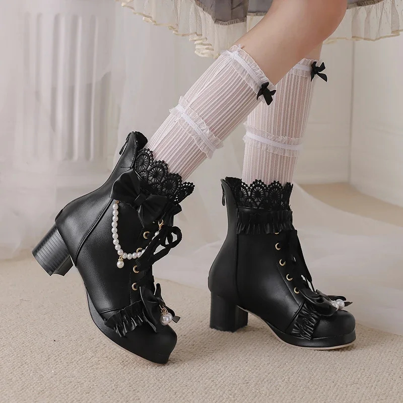 Autumn Winter Womens Ankle Boots Plus Size 22-28CM PU Upper Modern Boots Lace Pearl Chain Bow Lolita Thick Foot Boots 241126