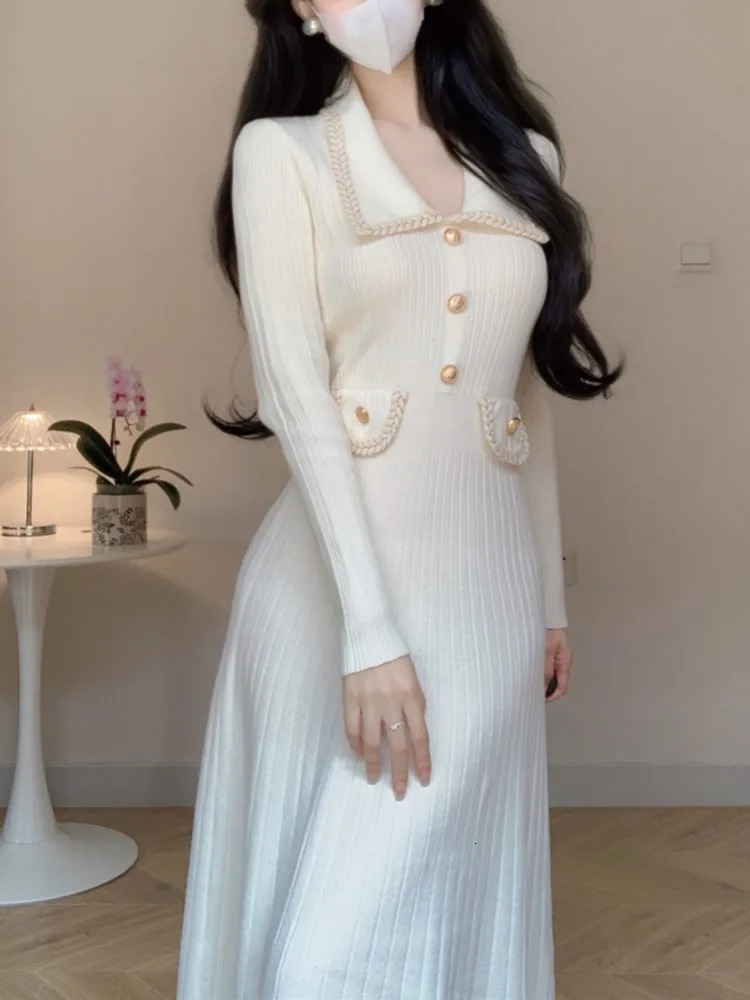 Autumn and winter womens knitted dress with a lapel Korean fashion A-line casual solid dress ultra-thin Vestidos Mujer item 241125