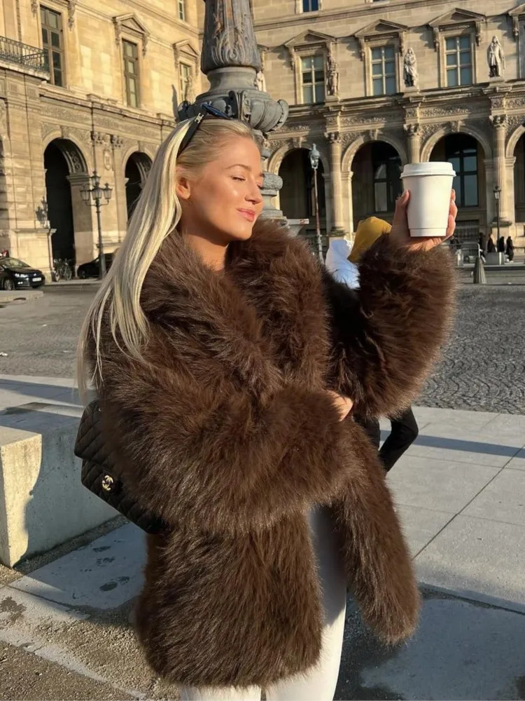 Brown faux fur coat winter thick warm suit collar coat loose fitting womens elegant womens socialized womens plush coat 241126