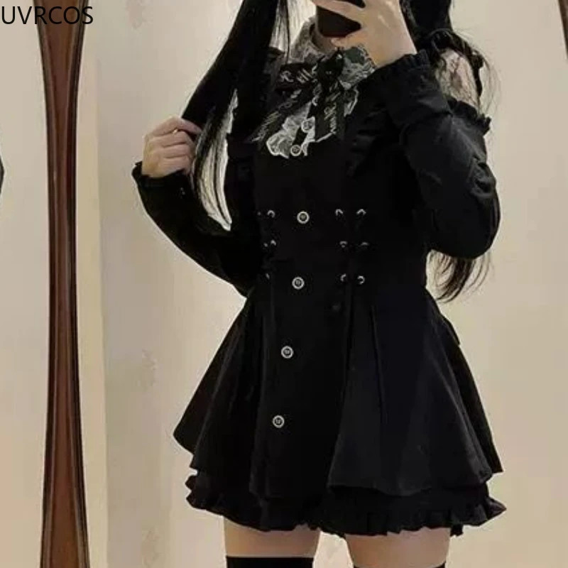 Japanese Gothic rhinestone bow dress set womens lace shoulder long sleeved ultra-thin shirt dress Lolita Y2k dress 241125