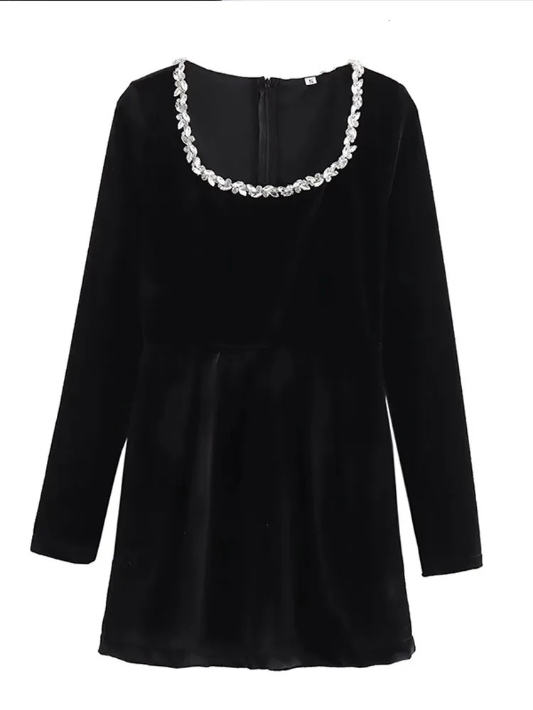 Women Black Rhinestone Decor Velvet Mini Dress Elegant Square Neck Long Sleeve High Waist Aline Dresses Lady Evening Party Gown 241112