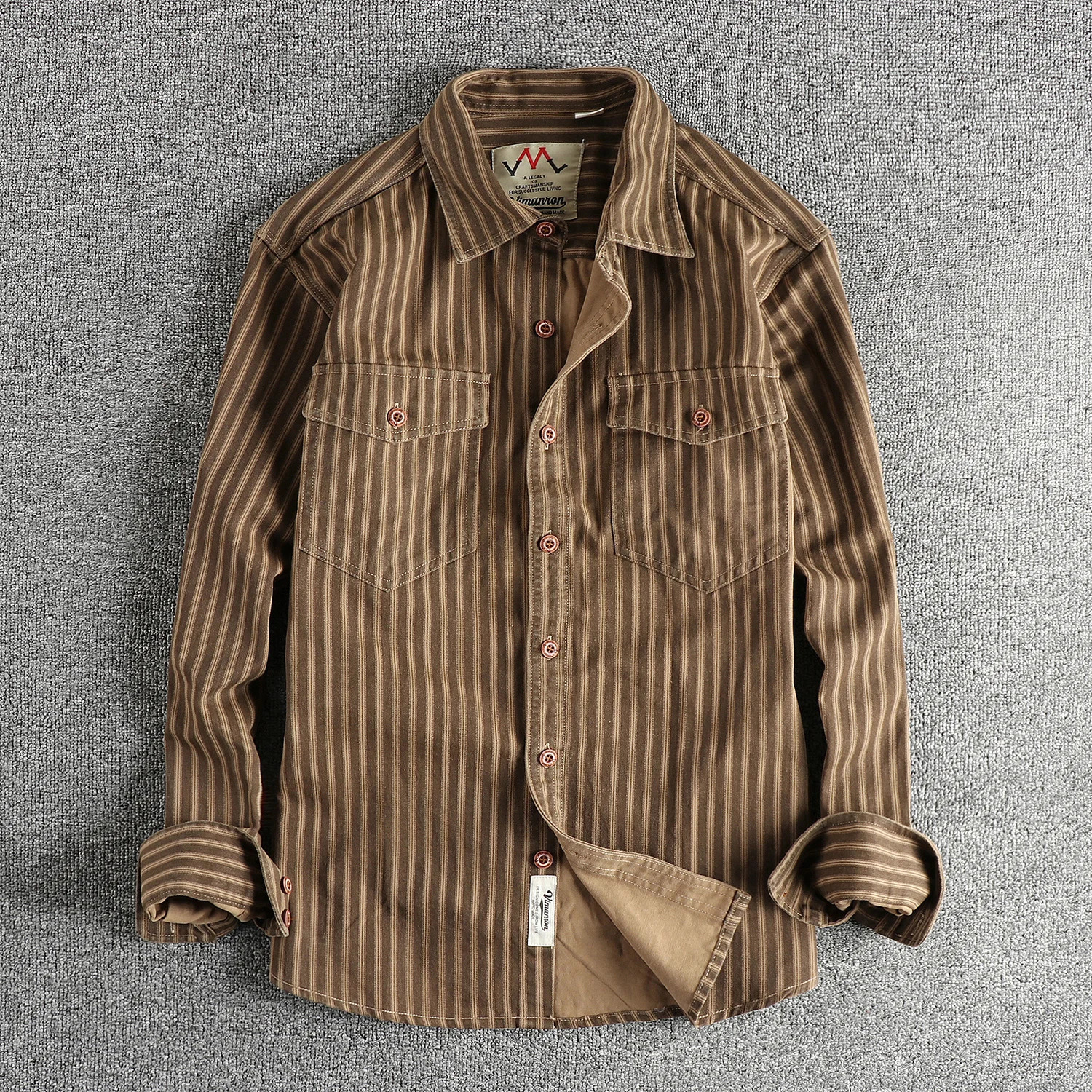 Autumn/Winter American Retro Striped Long Sleeve Collar Shirt Mens Simple Fashion Laundry Multi Pocket Casual Top 241125