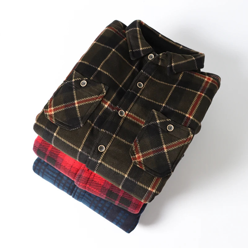 Mens long sleeved Sherpa lined shirt jacket wool plain flannel shirt casual autumn thick warm shirt US size 241126