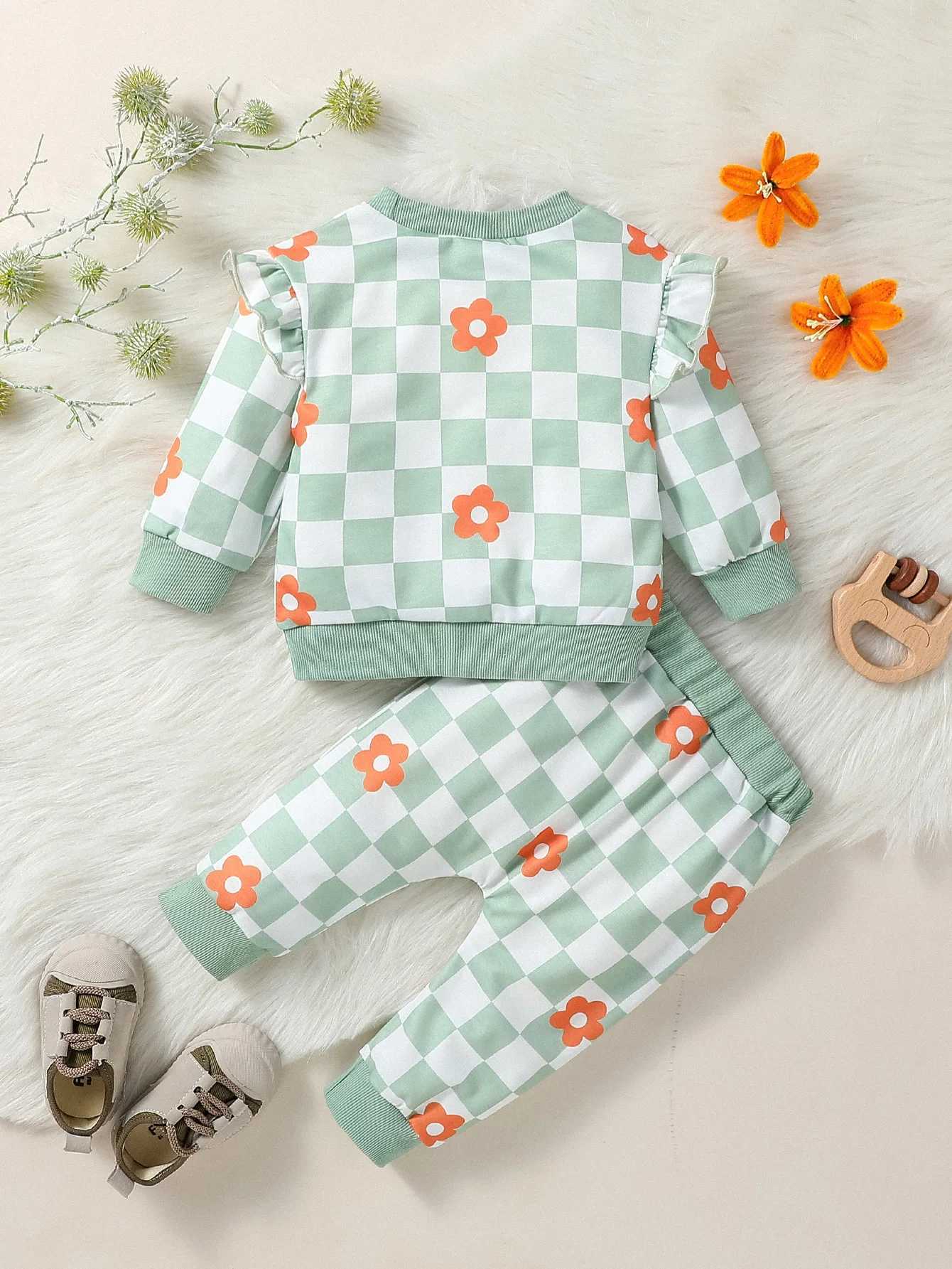 Clothing Sets Baby Girls Autumn Print Flower Long Sleeve Sweatshirts +Long Pants With Bow Outfits H241126