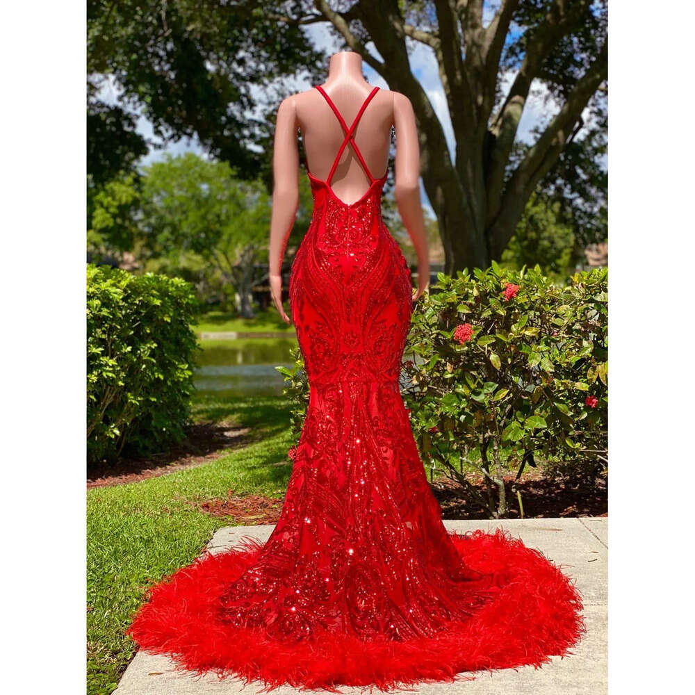 Mermaid Arabian Sexy Black Girl Prom Dresses Red Sequined Elegant Backless Feather Evening Gowns Long Women Formal Dress Robe De Soiree Bc
