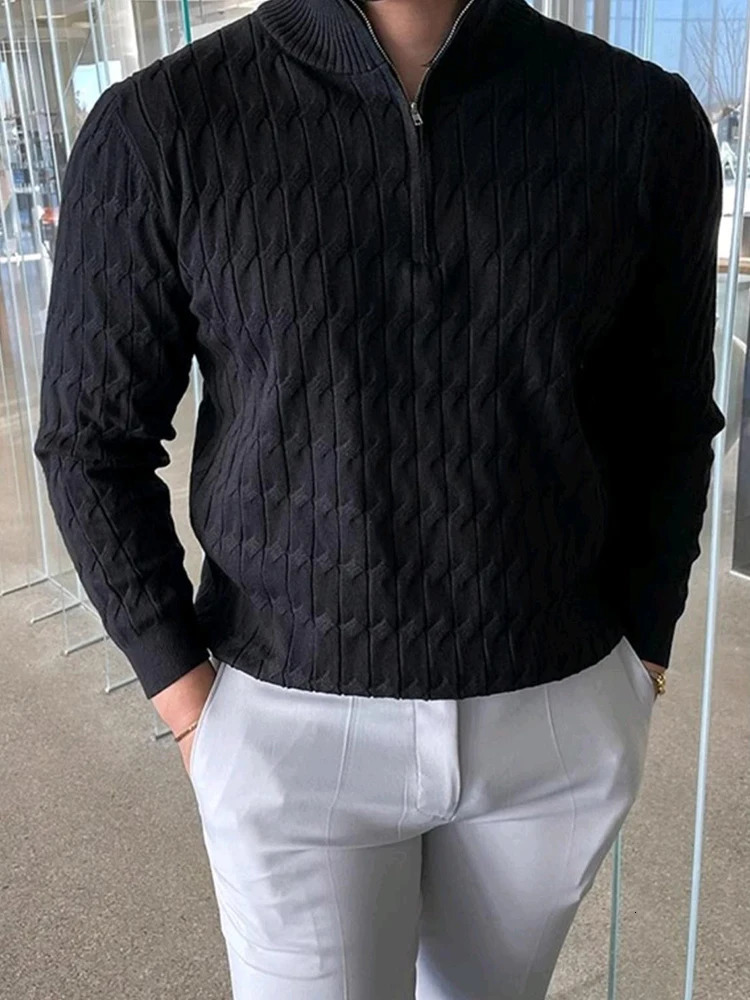 Twill jacquard knitted polo shirt mens long sleeved lapel zipper slim fit sweater mens casual solid color texture sweater top 241126