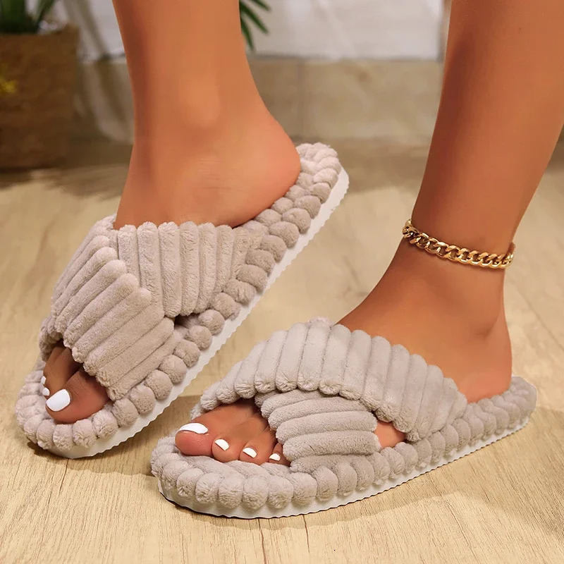 Fashion Corduroy Cross Band Home Slippers Womens Autumn Winter Warm Plush Slippers Womens Indoor Soft Bottom Cotton Slippers 241126