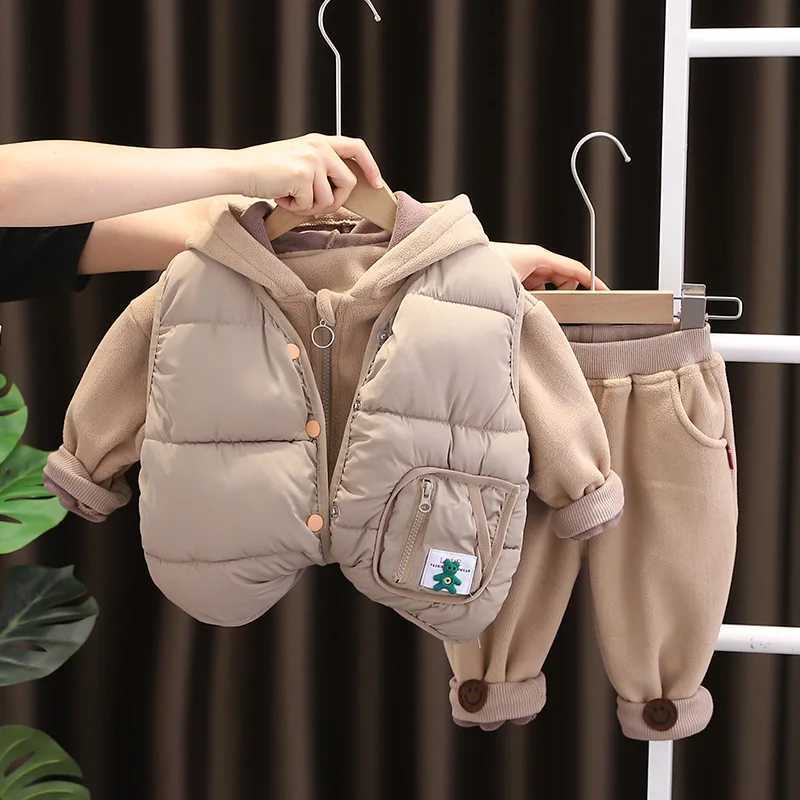 Clothing Sets Autumn Winter New Children Velvet Vest Hoodies Pants 3PCS Sets Boys Girls Thickened Suits Kids Thickening Warm Cotton Clothes H241126