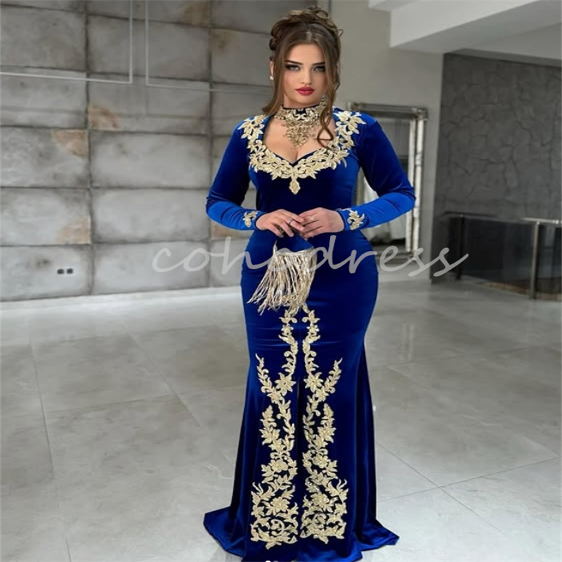 Moroccan Black Evening Dress With Gold Appliques Mermaid Long Sleeve Kosovo Arabic Prom Dress Slit Plus Size Birthday Customized Robe De Mariee Formal