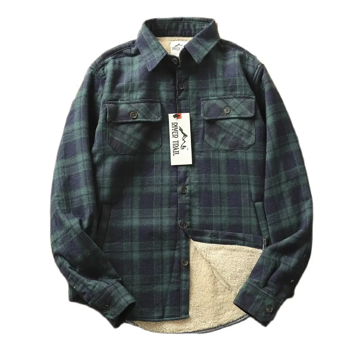Winter plain woolen shirt jacket mens flannel warm jacket outdoor casual work Sherpa lining button retro shirt 241126