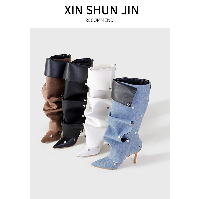 2024 willow stud buckle splicing two wear fine high heel tall boots female personalized spicy girl fashion boots EU35-40