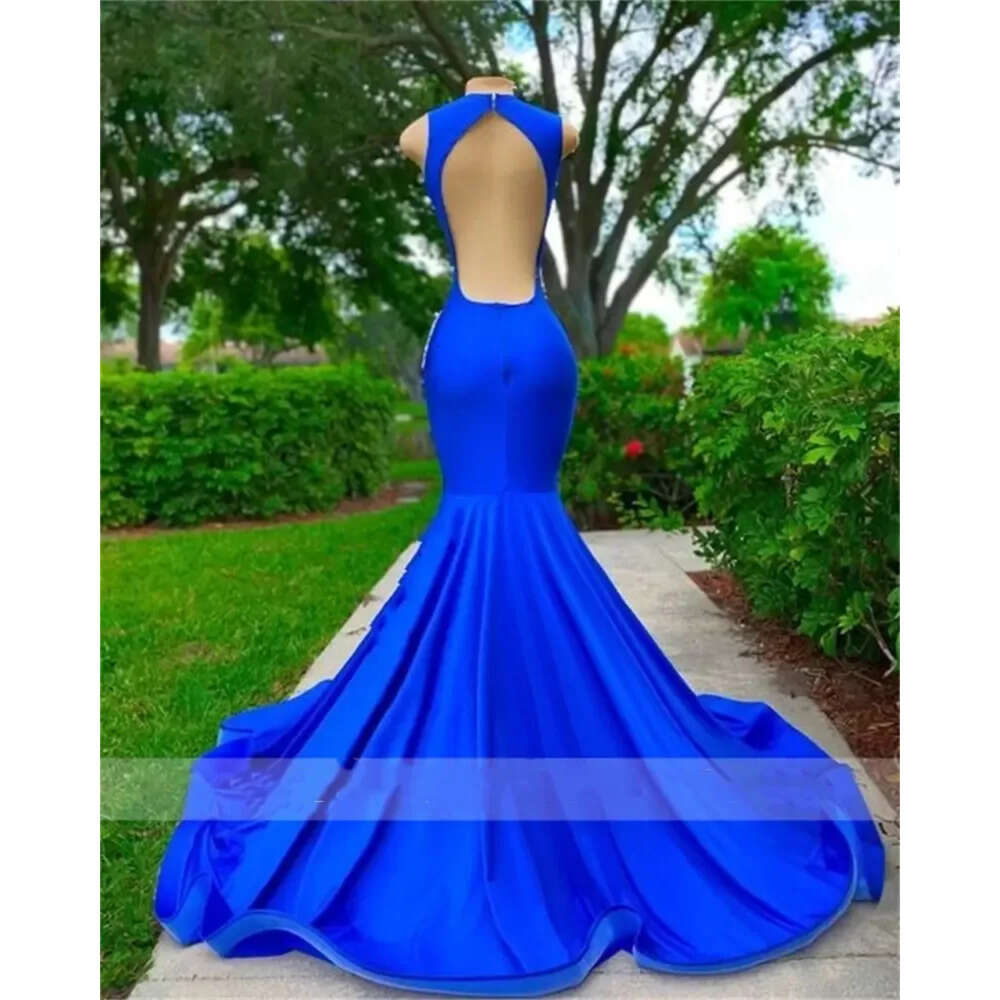 Long Neck Royal O Blue Prom Dresses For Black Girls Appliques Birthday Party Dress Mermaid Evening Gowns Robe De Bal
