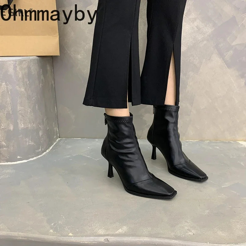 High Heel Women Stretch Slim Ankle Boots Fashion Elegant Square Toe Short Booties Autumn Winter Laides Warm Fleeces Shoes 241114