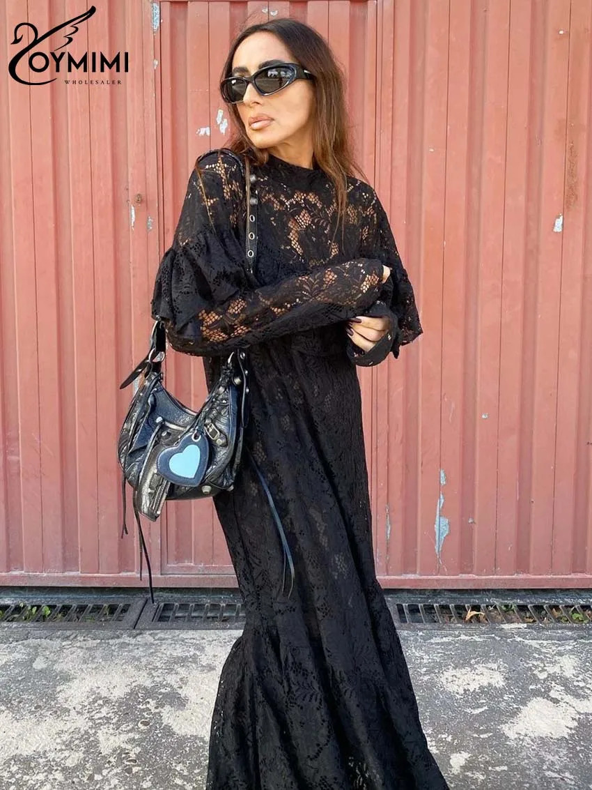 Oymimi Fashion Black Lace Womens Dresses Elegant ONeck Long Sleeve Ruffled Casual Loose AnkleLength Dress Streetwear 241112
