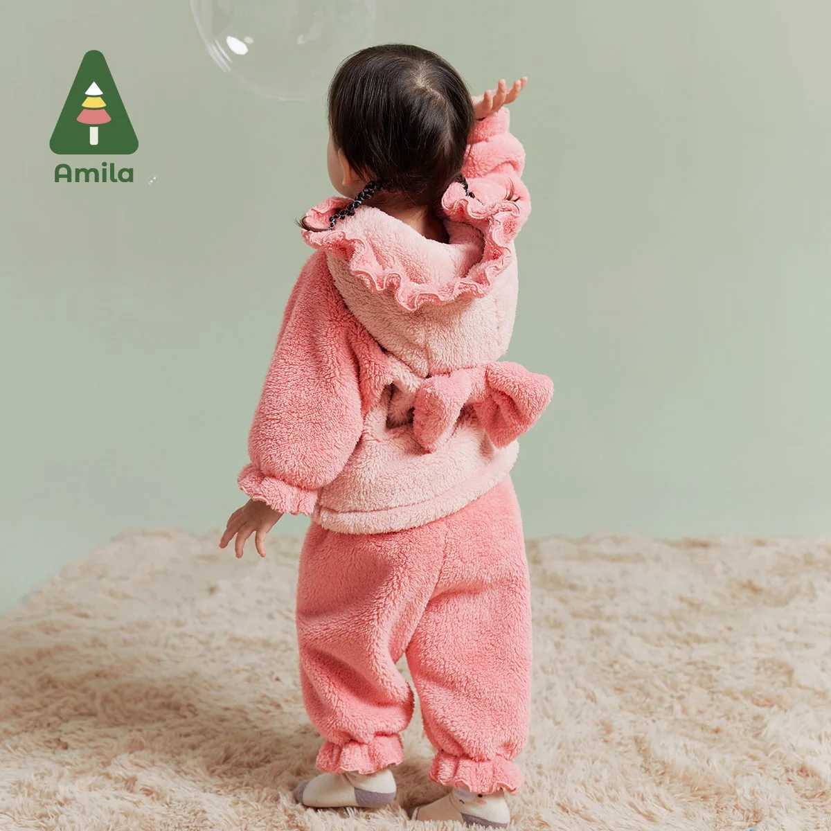 Clothing Sets Amila Baby Girl Loungewear Set 2024 Winter New Multicolour Hooded Soft Cute Warm Kids Sleepwear Sets Baby Clothing H241126