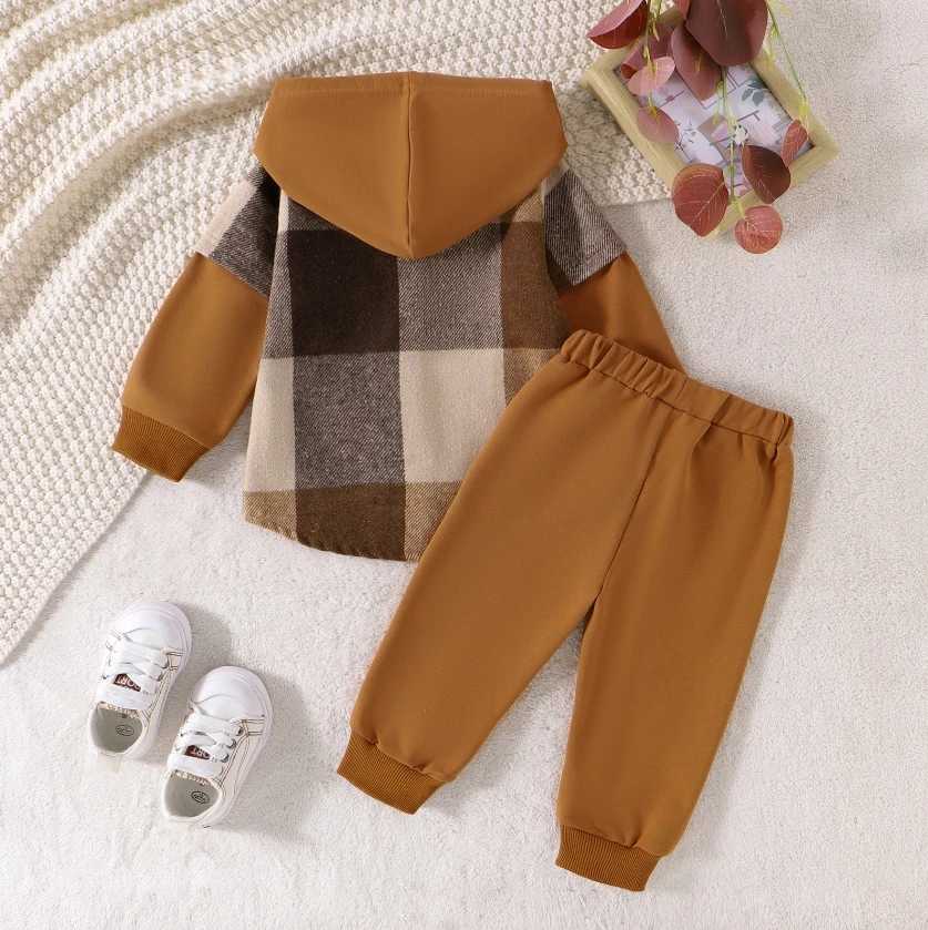 Clothing Sets Little Boy Girl Autumn Pants Sets Contrast Color Plaid Long Sleeve Hooded Jackets TopsTrousers Outfits Kids Streetwear H241126