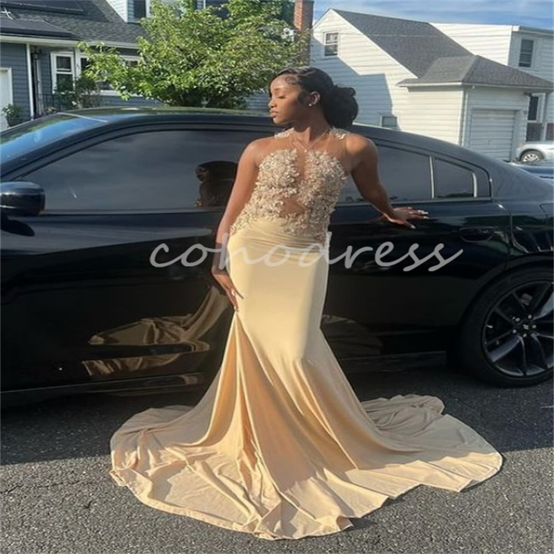 Black Girls Champagne Prom Dresses With Lace Elegant Sleeveless Mermaid Evening Gowns African Birthday Formal Party Robes De Soiree Vestio De Gala