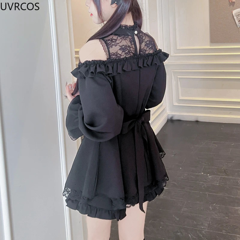 Japanese Gothic rhinestone bow dress set womens lace shoulder long sleeved ultra-thin shirt dress Lolita Y2k dress 241125