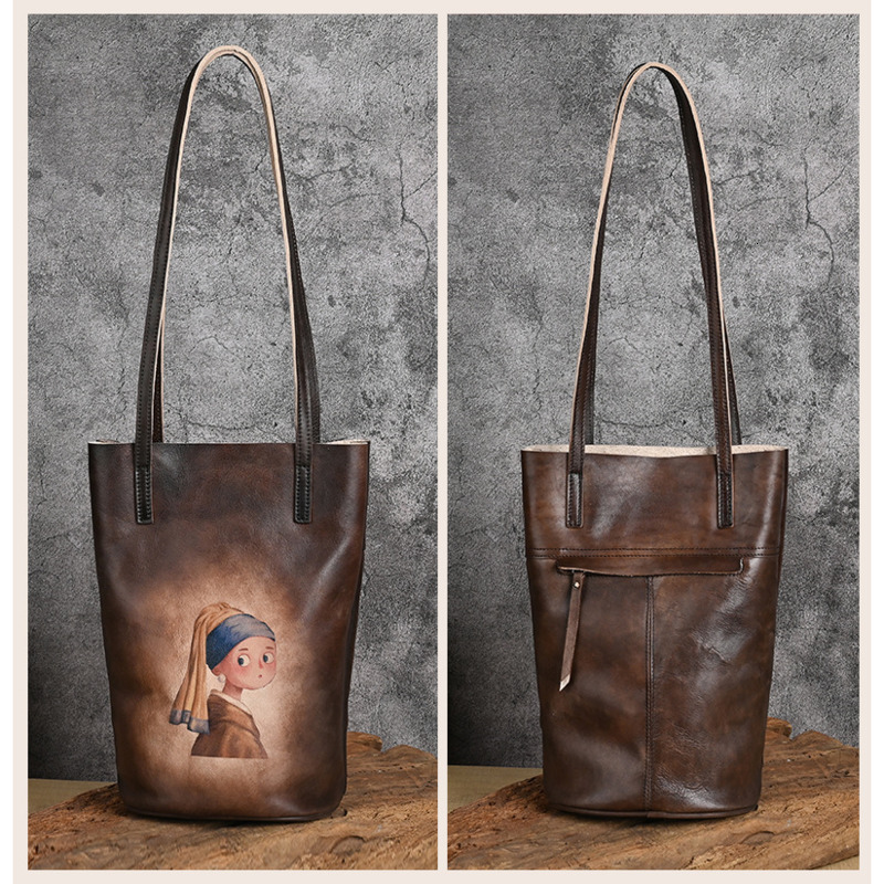 Retro Hand-Printed Women's Bag For Women Genuine Leather Bucket Handbags Long Handle Lady Designer Shoulder Bags Open BagVoyage