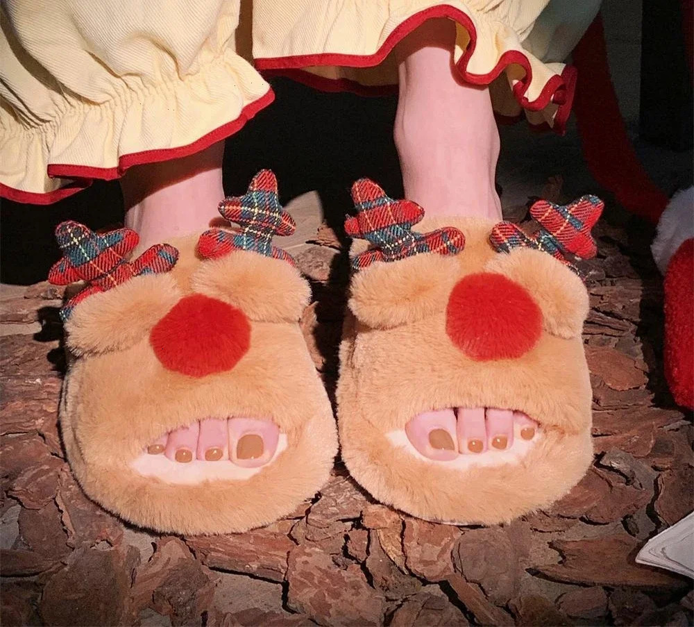 Winter girls cotton warm plush fur non-slip Christmas slippers antlers outdoor breathable sole soft home shoes 241126