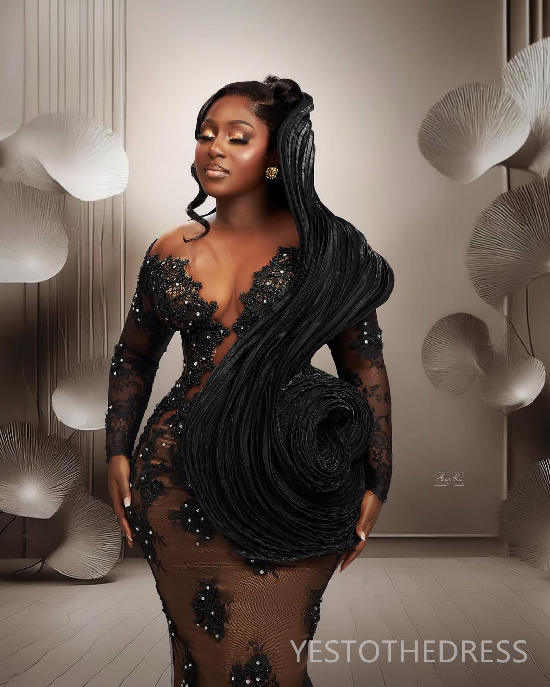 2025 Plus Size Black Mermaid Prom Dress Evening Dresses Elegant Sheer Neck Long Sleeves Beaded Lace Birthday Dress Second Reception Gowns Robe De Soir